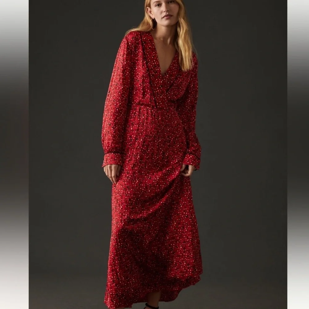 Scotch & Soda Anthropologie Rouge Red Floral Print pleated maxi Dress NWT $220